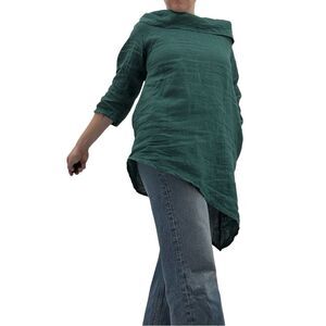 Made in Italy Linen Asymmetrical Hooded Tunic Top in Teal | One Size